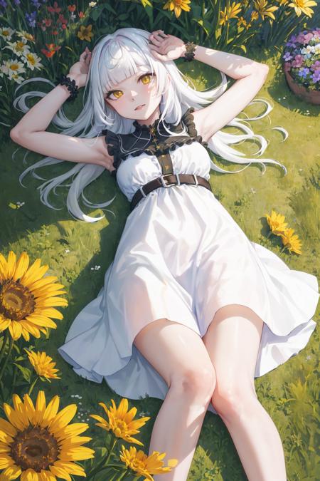 centered, wide shot, (from above), dutch angle, flowers, colourful flowers, (many flowers), flowerbed, flowerfield, 1 girl, rio, white hair, long hair, blunt bangs, yellow eyes, medium breasts, lying, on back, arms up, ((black dress)), sleeveless dress, bare legs, bare feet, <lora:Game-EternalReturn-Rio:0.8>