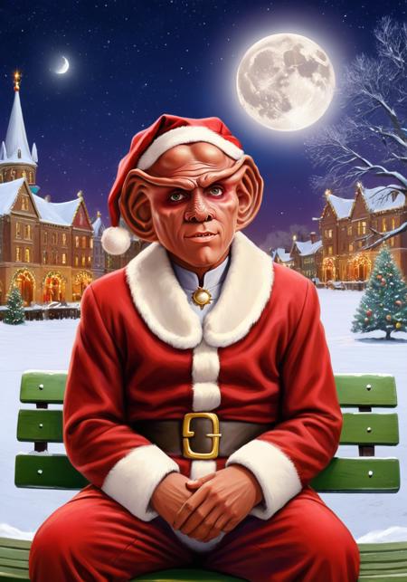 highly realistic digital painting of quark man dressed as santa claus relaxing on a park bench at night,  santa hat, christmas, snow, nightsky, moon, city in the background, extremely intricate, highly detailed, ultra high resolution, best quality, masterpiece, <lora:pepe_frog SDXL:0.6>,   <lora:Quark-Man-SDXL:1>