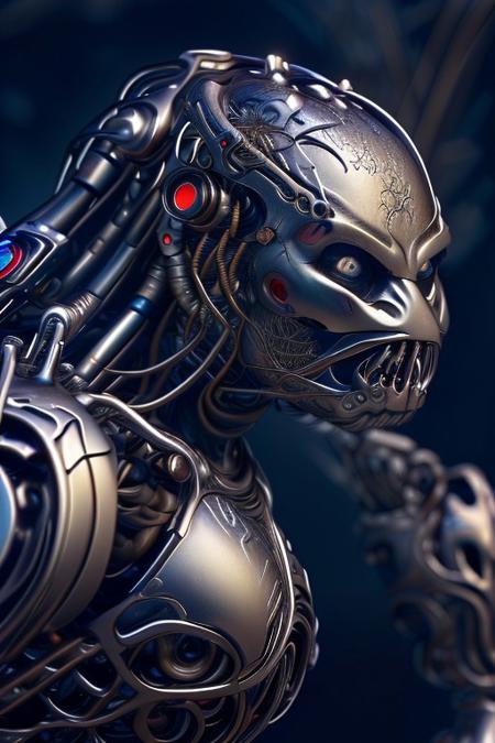 cinematic film still silverpulse, cyborg yautja, simple background, high quality, artistic, vibrant colors, detailed textures. futuristic sleek/glossy silver and blue glow, vibrant colors, detailed textures., Concept art, cyborg, background, vintage, modern, SilverPulse, <lora:SilverPulseMorphXL:0.8>, excellent composition, artistic, highly detail, holy, sunny, dynamic dramatic beautiful full taking . shallow depth of field, vignette, highly detailed, high budget, bokeh, cinemascope, moody, epic, gorgeous, film grain, grainy, front view,