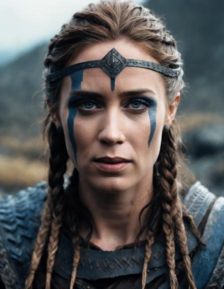 cinematic photo Close-up of  (((ohwx woman))) in Hellblade: Senua's Sacrifice, emerging from black mud, long hair with dreads, war blue paint, paint fading, angry expression, dirty face, finely detailed eyes, moody, viking clothes, epic scene, epic composition, Photography, Cinematic Lighting, Volumetric Lighting, ethereal light, intricate details, extremely detailed volumetric rays  <lora:blunt_lora_sdxl_v1-000008:1> . 35mm photograph, film, bokeh, professional, 4k, highly detailed