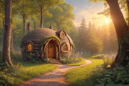 (Professional 3D rendering:1.3) of (Detailed illustration:1.3) (Mundane Photo:1.3) of (Award-winning photograph), (one small hobbithouse in the middle of a forest with a round door and round windows on its side and a pathway leading to it, at sunset), (Low-angle perspective), (natural lighting), (Wide-angle lens capturing scenery), hidden objects games, video game concept art, (8K Unity wallpaper), fine details, award-winning image, highly detailed, 16k, cinematic perspective, ((video game environment concept art style)), pretty colors, cinematic environment, architecture, gothic, home design, forest cabin, magical, dark aesthetic, cottage, fairytale, goth, goth aesthetic, fairy tail, luxury, no humans, scenery, tree, outdoors, stairs,Highly Detailed,CGSociety,ArtStation