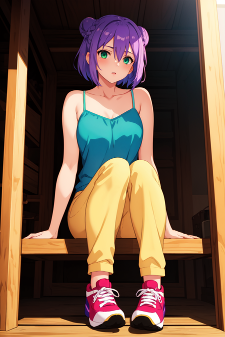 (masterpiece, best quality:1.4), cinematic light, colorful, high contrast, 1girl, camisole, pants , sneakers, garter belt, glacier, day, butterfly sitting, light purple hair , green eyes, rainbow hair, hair between eyes, very short hair, braided bun