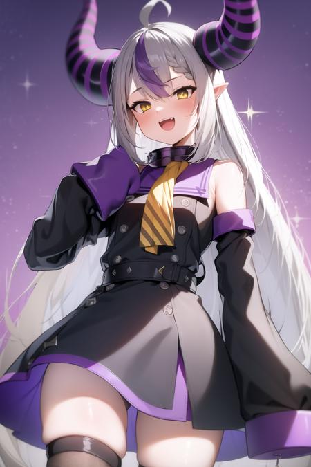 masterpiece, best quality, absurdres, perfect anatomy,
, 1girl, solo, Laplus, cowboy shot, grey hair, purple streak, yellow eyes, horns,
long sleeves, standing, :d, belt, collar, sleeves past wrists, ascot, v, single thighhigh, sleeves past fingers, yellow ascot, ankle cuffs