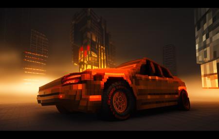 car in (MCwrld), dramatic lighting, detailed art, voxel, voxel model, pixels, night time, tone mapped, glowing lights, fog, blocks, cube