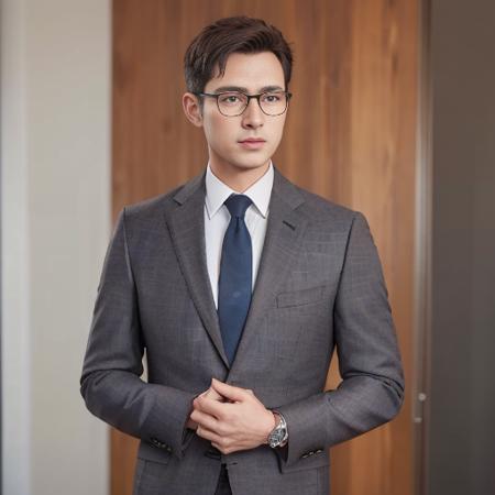 Realistic,  (masterpiece, best_quality:1.1), a man wearing glasses  standing in front of a glass door with a cross on it, zegna, Q22622-221225, Drop+7, Double vents, Notch lapels, Pinpoint pattern, 2-button closure, Flap pockets, Tailored construction, Fully lined, 100%+wool, Charcoal, suits, young, wearing a undercloth and tie, oxford knot