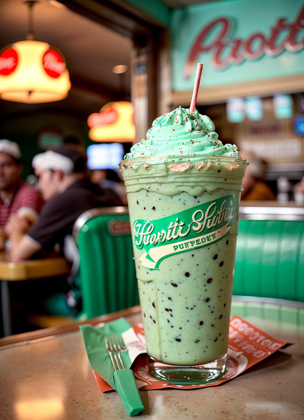 A neon green and white milkshake with chocolate chips on a table.