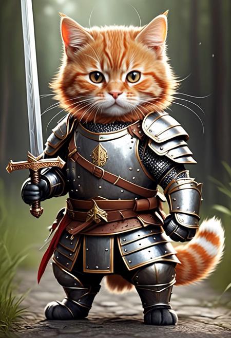 a masterpiece illustration of a cute ginger cat with sword in hand and equipping with heavy armor outfit, embarking on a journey to become the cat warrior, realistic,