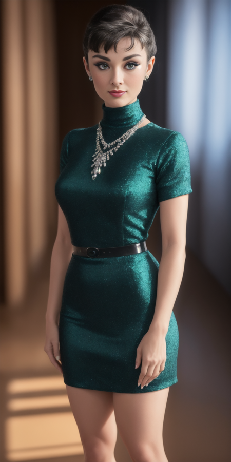 ((AudreyHepburn)), mj3d style,3dmm,3d,((full body shot:1.3)), bokeh:1.2, indoors, a beautiful woman, (standing), (evening dress with turtleneck), feet, (high-heels), looking at viewer,((necklace)), (22 years old woman), medium breast, small waist, (green eyes, beautiful eyes), beautiful face, perfect illumination, beautiful detailed eyes, looking at viewer, stunningly beautiful woman, detailed hairstyle,  good hands,  detailed hands, good feet, (8k, RAW photo, best quality, masterpiece:1.2), (realistic, photo-realistic:1.37), ultra high res, photon mapping, radiosity, physically-based rendering, (ambient light:1.3), (cinematic composition:1.0),professional soft lighting, light on face,