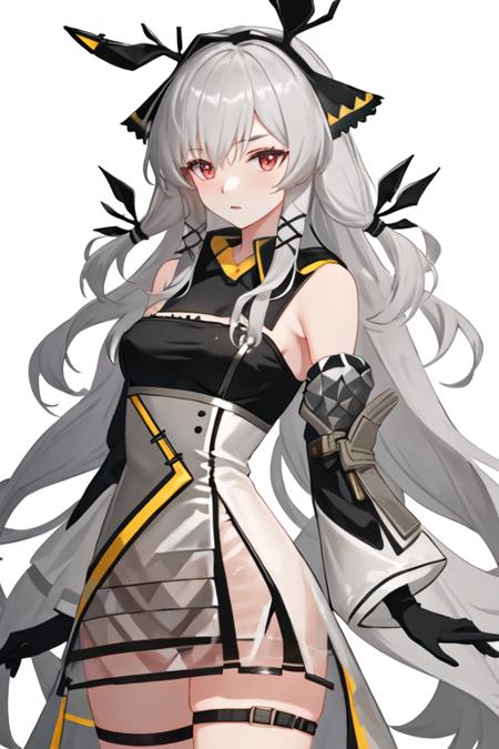 best quality, masterpiece, highres, solo, {weedy_arknights:1.15}, long_hair, bangs, red_eyes, grey_hair, upper_body, white_hair, very_long_hair, hair_ornament, 1girl, bare_shoulders, black_gloves, detached_sleeves, dress, gloves, long_sleeves, low-tied_long_hair, see-through, single_glove, looking_at_viewer, thigh_strap, cowboy_shot, closed_mouth, simple_background, standing, white_background