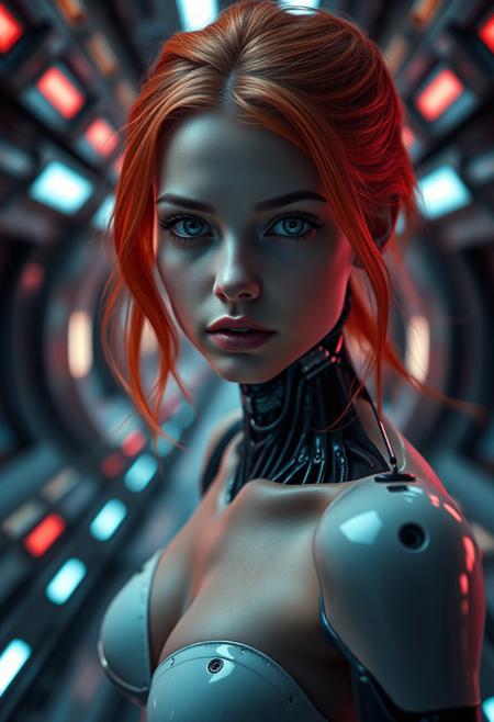 (Soft Lighting Photography by Mimoza Veliu and Mario Giacomelli:1.2), NSFW, close-up, portrait of a young android, 1girl photography masterpiece, half-body shot, orange hairs, standing in sensual pose, an irresistible beauty cyborg sex-prostitute android unit with ((robotic parts implants)) walking in a sci-fi space station, emotional capture, she has intense expression, eyes catchlights, a perfect finely detailed skin, small breasts, awesome sexy body, ambient fluo lighting, dark mood, portrait in unusual composition, symmetry , fine erotic content, groundbreaking unrivaled opus with unrivaled details, (tealblue and silvergray colors:0.3), intricate, sharp focus, ray tracing, rtx, professionally color graded, professional photography, high quality, melancholic, masterful Photography in the style of Oleg Dou, Mona Kuhn, (((Mona Kuhn photography style))), (realistic:1.2), (detailed:1.2), (highres, best quality:1.4),, sexy