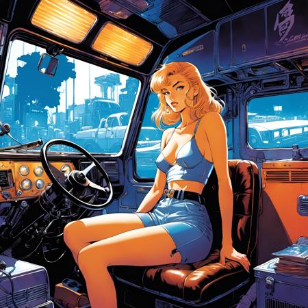 Vintage 90's anime style. cluttered truck interior, fem truck driver, by Hajime Sorayama and Greg Tocchini, Virgil Finlay, sci-fi, colors, neon lights, line art