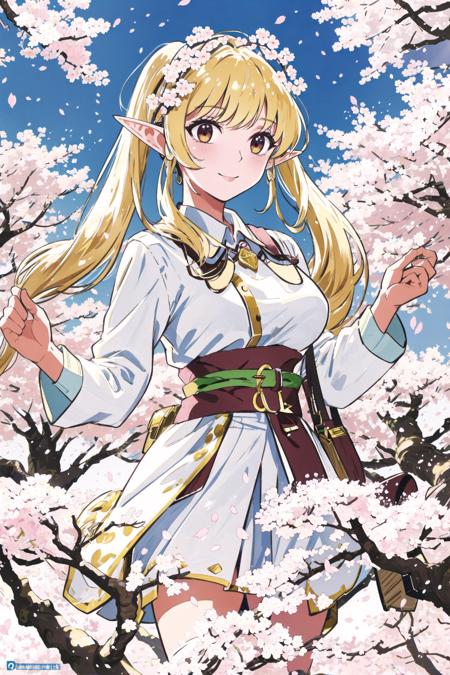 (masterpiece:1.2), best quality, spring \(season\) illustration, beautiful detailed elf girl face,
(cherryblossom patels:1.2), atmospheric perspective, pose on circle bass, straight-on,
huge cherryblossom park, tree of (cherryblossom:1.3),
looking at another, pointng at away,
large breasts, school uniform,
pointy ears, deformed, aged down, platinum blonde hair, twintails, elf, Snow White, tone shading, glowing sunlight, light smile