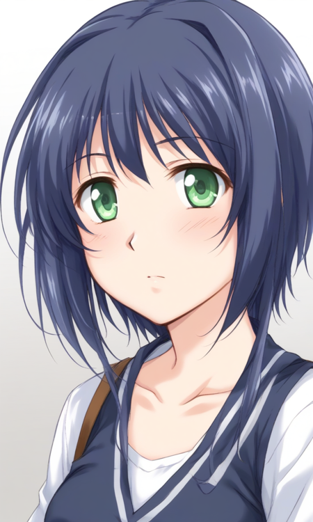 Sagara Emiru, green eyes, dark blue hair, short hair, long hair in back, mullet,