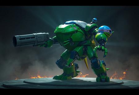 Giant Turtle Who Feeds on Flames robot from TMNT, green and blue, large left arm gun, smaller right arm gun, blue helmet, dynamic action pose, standing on gray platform, Island Turtle background. Highly detailed, intricate, cinematic lighting, godrays, dim ambient light. Octane Render, Unreal Engine 5, Houdini Style elements, Splash Ink Illustration influence, Matte Painting, concept art, digital painting. Impeccable composition, creative angle, Golden Ratio. 8k, trending on Artstation, CGSociety.
