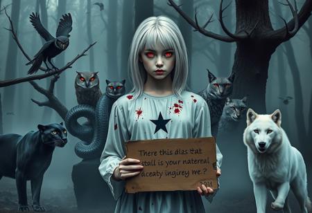 In a mist-filled forest, a pale girl with silver-white hair stands hauntingly still. Her white blouse, splattered with dark red stains, contrasts starkly with her ghostly skin. A simple black five-pointed star is visible on her chest, adding an unsettling graphic element. Her eyes glow with an intense crimson light, piercing through the dimness.
Around her, twelve wild animals create a tense, surreal circle. A black panther crouches nearby, its fur blending with the darkness, while its eyes reflect an eerie red. Two owls perched on branches survey the scene with glowing red eyes. A large snake, with blue-black iridescent scales, coils around a tree branch, its gaze menacing.
In the background, a majestic stag stands with antlers silhouetted against the fog. Two lynxes, their fur patterned with shadows, move quietly, and a white wolf stands in the foreground, its eyes mirroring the girl’s glow.
The girl holds a worn cardboard sign reading ‘We Come in Peace,’ which contrasts sharply with the ominous atmosphere. The swampy ground is covered in mist, with refracted light casting shifting shadows, adding to the eerie, realistic quality of the scene