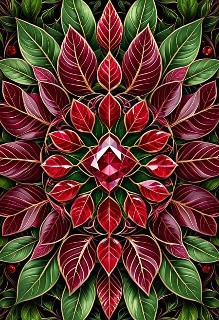 aesthetic, masterpiece, beautiful, elegant, award winning,  absurdres, hdr, best quality, hyper detailed, bloom, radiance from leafs, ruby gem at center, leafs, plants spread out from center , dynamic, intricate detail,
symmetrical, geometric, 2.5d,