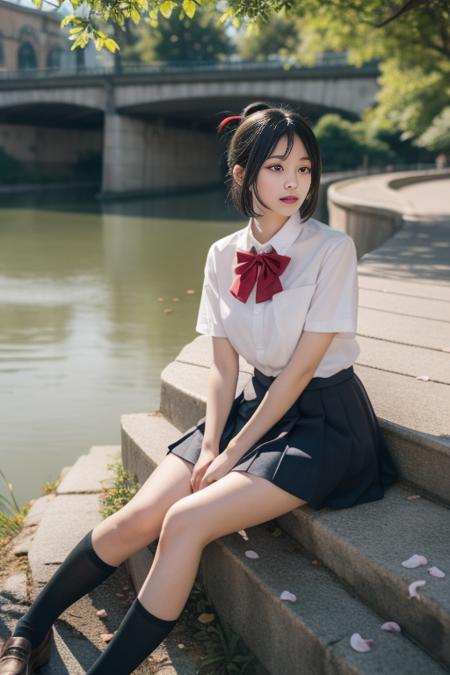 ltra-detailed,highly detailed,best quality,masterpiece,illustration,realistic,
miyamizu mitsuha, 1girl, solo, 
black hair, ponytail, short hair, folded ponytail, 
school uniform, hair ribbon,bowtie,short sleeves, collared shirt, pleated skirt, socks, loafers, 
=looking at viewer, sitting,
outdoors,dawn, water, river, sky, bridge,  city, cityscape,parted lips, falling petals, 
<lora:miyamizu mitsuha_v1_02:0.7>