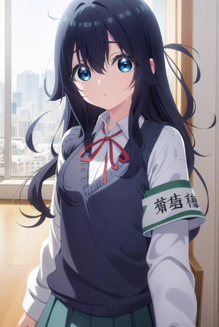 shizukayoshimoto, <lora:shizuka yoshimoto s1-lora-nochekaiser:1>,
shizuka yoshimoto, long hair, bangs, blue eyes, black hair, hair between eyes, wavy hair,
BREAK skirt, shirt, ribbon, school uniform, white shirt, pleated skirt, red ribbon, neck ribbon, armband, sweater vest,
BREAK indoors, classroom,
BREAK looking at viewer, (cowboy shot:1.5),
BREAK <lyco:GoodHands-beta2:1>, (masterpiece:1.2), best quality, high resolution, unity 8k wallpaper, (illustration:0.8), (beautiful detailed eyes:1.6), extremely detailed face, perfect lighting, extremely detailed CG, (perfect hands, perfect anatomy),