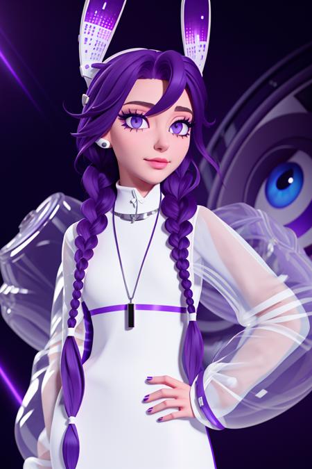 <lora:Discboom640:0.9>, xyzdiscboom, big eyes, Russian, 1girl, solo, twin braids, long braids, (looking_at_viewer), purple eyes, nose, mouth, makeup, jewelry, bangs, purple hair, animal ears, see-through_sleeves, white sleeves, turtleneck, cross necklace, white headphones, neon, posing, white sclera, purple iris, black pupil, puffy_long_sleeves, 5 fingers