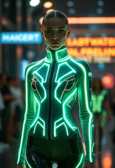 futuristic LED-infused clothing, high-tech fashion, glowing patterns, (neon lights:1.2), fiber-optic fabric, ultra-modern design, (sharp focus), high-definition, luminous accents, (muted colors:-1), sleek minimalism, illuminated textures, glowing seams, cyberpunk aesthetics, techwear, smooth transitions between light and fabric, (lowres:-1), cutting-edge fashion, glowing stripes, dynamic lighting, fashion runway, glowing accessories, radiant details, bold yet subtle, wearable technology, soft LED glows, form-fitting silhouettes, (bad anatomy:-1.4), (good anatomy:1.4), smooth skin, chic and modern, glossy surfaces, high-contrast lighting, ultra-realistic textures, night city backdrop, high-resolution, (overexposed:-1), tech chic, surreal light effects, energy-infused materials, futuristic elegance, illuminated with precision, smart fabric integration, glowing threads, sleek contours