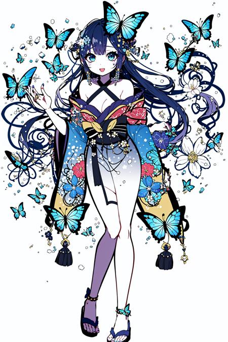 <lora:Elina:1>, 1girl, solo, long hair, japanese clothes, virtual youtuber, kimono, black kimono, purple hair, full body, bow, open mouth, white background, smile, hair ornament, very long hair, breasts, off shoulder, looking at viewer, nail polish, hair bow, sandals, simple background, bare shoulders, standing, floral print, bangs, halterneck, cleavage, toenail polish, white bow, toenails, black footwear, green eyes, long sleeves, hair rings, butterfly hair ornament, flower, hair flower, wide sleeves, blush, criss-cross halter, blue eyes