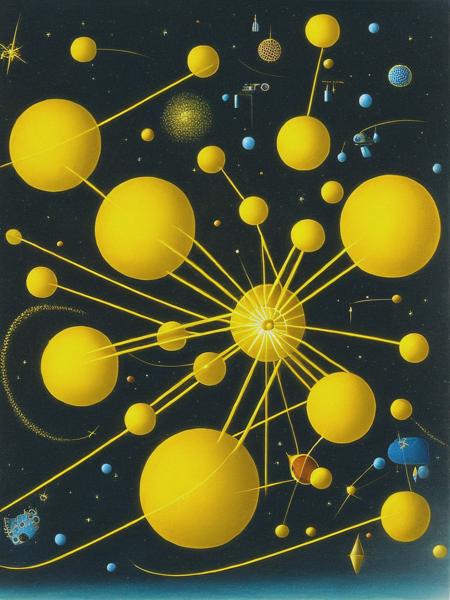 <lyco:VictorBrauner:1.0> golden microscopic nanotubes fighting quarks by victor brauner