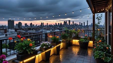 <lora:pytorch_lora_weights_361535:1>,a small rooftop garden wrapped in (twilight:1.1), fairy lights glowing above, distant (city skyline:1.1) flickering through the humid air, potted flowers wet from a recent drizzle.,, Masterpiece,best quality,realistic,HDR, 8K, masterpiece, best_quality, absurdres, ultra-detailed, highly_aesthetic, depth_of_field