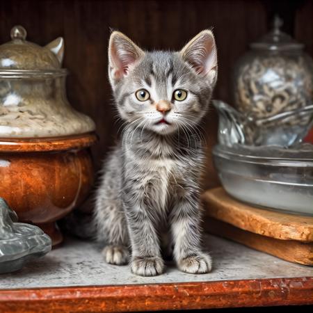 vector art of a  gray kitten <lora:Jussi_the_neural_cat-000006:0.92>, figurine on the counter of antique shop, hdr, high resolution