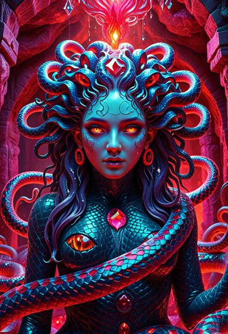 a  crystalized medusa with wriggly snake hair  in a magical mythical setting, Cave whose walls are covered with blood, blood snakes, vibrant  surreal, whimsical, playful, intricate details, cinematic lighting, digital painting, trending on artstation, 8k, ultra-detailed, masterpiece, fantasy art,  mythical creatures,  magical atmosphere, ,<lora:SankeHairILL:1>, rp_slgd