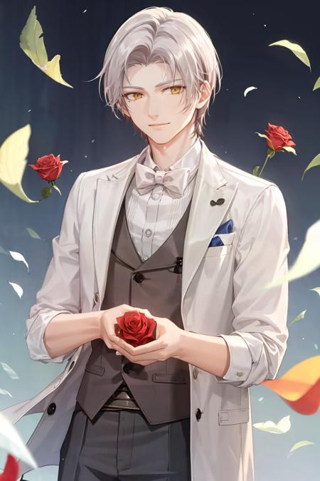 masterpiece, best quality,  <lora:moyi:1>,moyi,rose, solo, holding, flower, 1boy, red rose, red flower, white hair, yellow eyes, white shirt, smile, male focus, looking at viewer, shirt, jacket, bangs, holding flower, bowtie, short hair, glasses, closed mouth, long sleeves, black jacket, bow, white background, formal, white bow, simple background, mole, white bowtie, polo shirt, forehead, collared shirt, sketch, blue jacket, suit, parted bangs