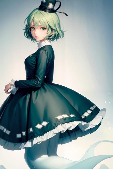 masterpiece, best quality,  <lora:SoganoTojiko:1>,1girl,soga no tojiko, hat,green hair,short hair,green eyes,long sleeves, green dress,ghost tail,(ghost legs:1.2),grey background,