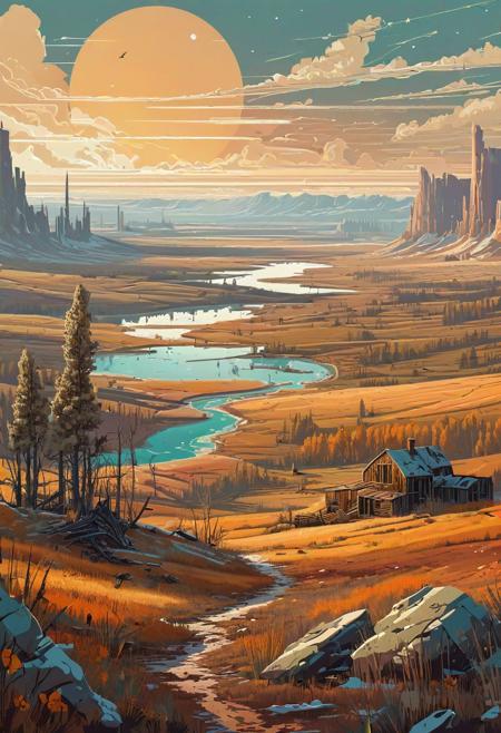 epic landscape, a post-apocalyptic world, seasons, flat vector illustration, different colour palette, muted colors, complex composition, intricate details, hightly detailed, improvisation, by Nikolai Dubovskoy, by Michael Klodt