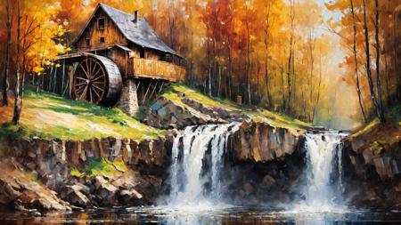 RAW, analog capture with Nikon Z 85mm lens, an acclaimed and alluring photograph recognized for its ((superlative quality)), hailed as a ((masterpiece)), an intricately detailed landscape, a waterfall in the woods, log houses built on hills, widescreen shot, water wheel, fall colors, steel mill, slow - shutter, stood outside a wooden cabin, simple gable roofs, captured with professional precision in 4k resolution. The scene unfolds amid the bloom of spring flowers, bathed in the warmth of god rays, creating a delicate and innocent ambiance. The photograph boasts high-resolution imaging, capturing every nuance of the subject's facial features with remarkable detail and sharp focus. The aesthetic appeal is heightened by the smooth rendering, offering an extremely detailed and realistic portrayal. Post-processing techniques further enhance the image, achieving maximum detail and conveying a sense of roughness reflective of real-life textures. The result is an ultra-realistic depiction, showcasing the artistry of photorealism in exquisite 8k UHD. The play of SEMI-SILHOUETTE light adds depth and dimension, reminiscent of impressionist painting techniques with brushstrokes and palette knife strokes. This expressive composition, inspired by the styles of Leonid Afremov, incorporates elements of (cell shading: 1.2) and a 2D visual aesthetic, akin to the richness found in oil paintings (oil painting: 1.2), all meticulously curated by the skilled hand of Carne Griffiths.