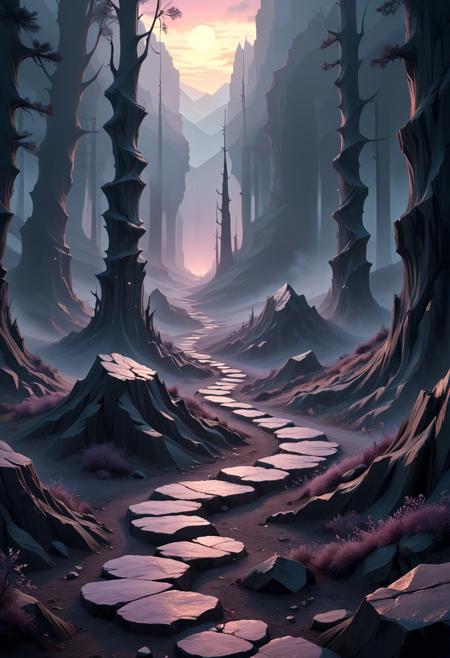 A breathtaking, hyperrealistic digital painting, a surreal, dreamlike landscape, rendered in a whimsical pastel color palette. The planet’s surface is intensely marbled bizarre pillars of stone , casting ethereal shadows across the scene. In the sky clouds drift over the eerie landscape, Below, a sinuous, winding path constructed of polished, smooth crystal material spirals downwards towards the viewer, leading into a dense forest of stone trees, In the far distance is mountain of obsidian, creating a hazy, dreamlike atmosphere., dramatic volumetric lighting, creating a sense of vastness, adventure, and intense exploration – 8k resolution, trending on ArtStation. SDXL_POS, flux-style, aidmamj6.1,