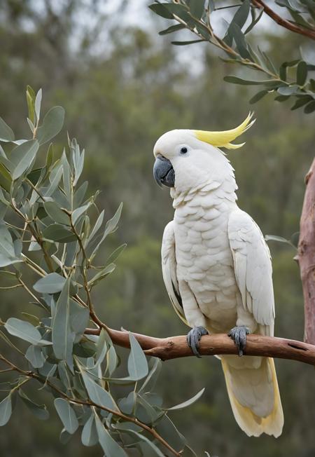 Sulphur-crested cockatoo perched on a eucalyptus tree in Australian bush and grassland background, background Australian bushes and meadows, very realistic photography
