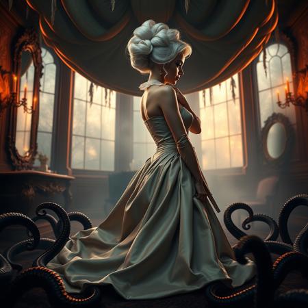 Sexy, sultry, (Female, 1girl):1.3, (satin highly detailed georgian gown):1.3, (Huge breasts, big boobs, Large breasts), (firm Round perky breasts:1.2), (posturecollar):1.25, (, slim waist:1.35). Hair in large updo. kneeling at giant slime pillow, surrounded by tentacles, lifted skirt, high heels, fog, horror, under giant slime pillow canopy, mirrors
Rembrandt Lighting Style, great lighting. At twilight, in victorian mansion sideview
Ultra realistic, 8k, uhd, best quality, best resolution, lifelike, white wig, ent over, on all fours, 
large breasts, big boobs, huge tits, georgian gown,