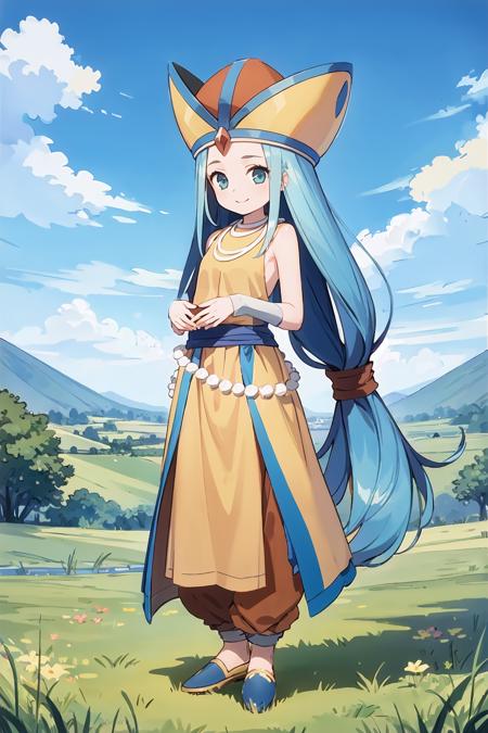 masterpiece,best quality,illustration,beautiful detailed girl, highres,1girl,<lora:GoodHands-beta2:1:lbw=MIDD>,nice hands, perfect hands, <lora:fosse dq7:0.9>,fosse dq7,aqua hair,hat,necklace,wristband,dress,pants,jewelry,prayer beads,footwear,low-tied long hair,full body,standing,smile,grass,blue sky