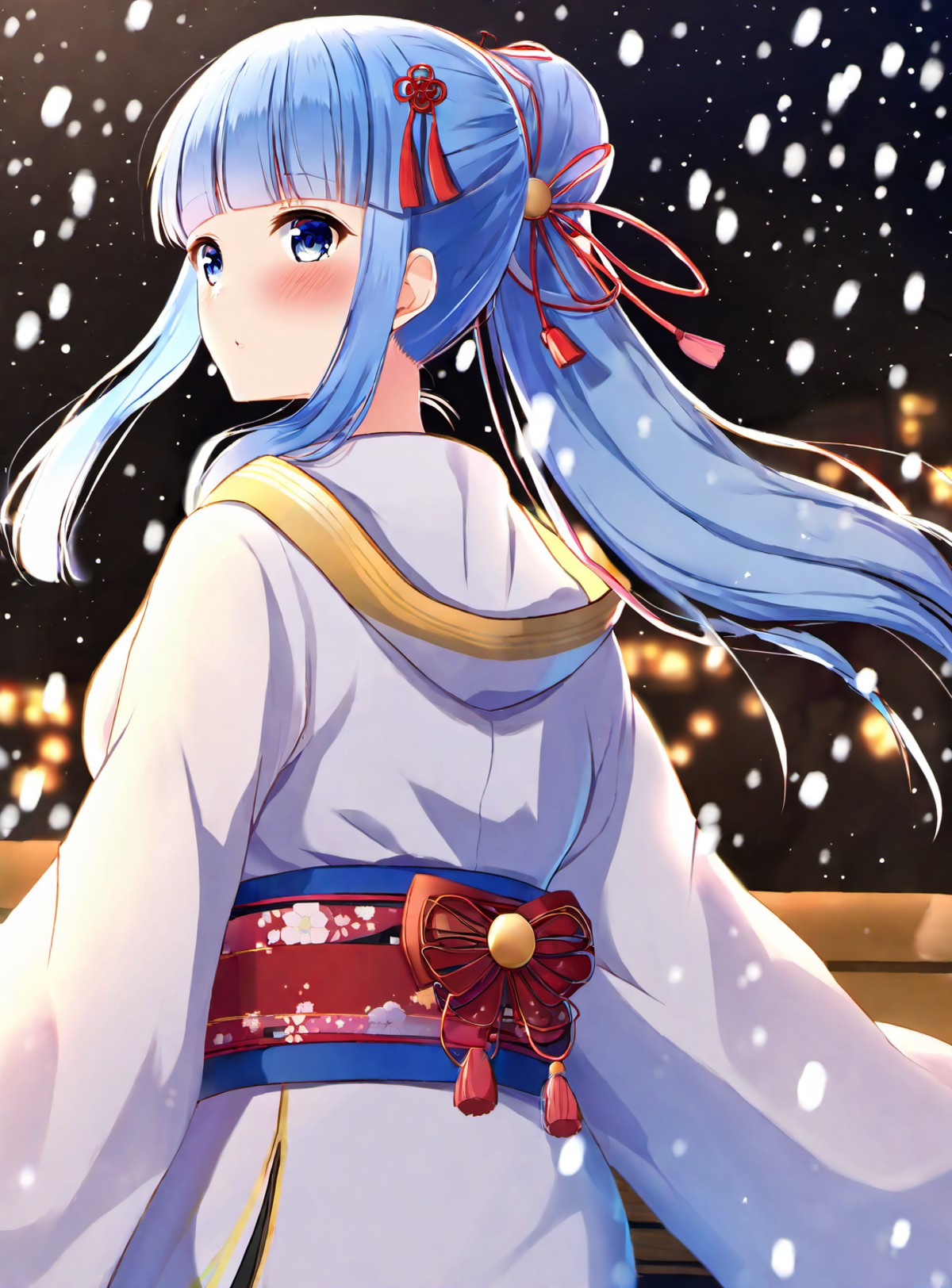 1girl, solo, japanese clothes, blue eyes, ponytail, holding, long hair, bangs, looking at viewer, kimono, snow, flower kno...