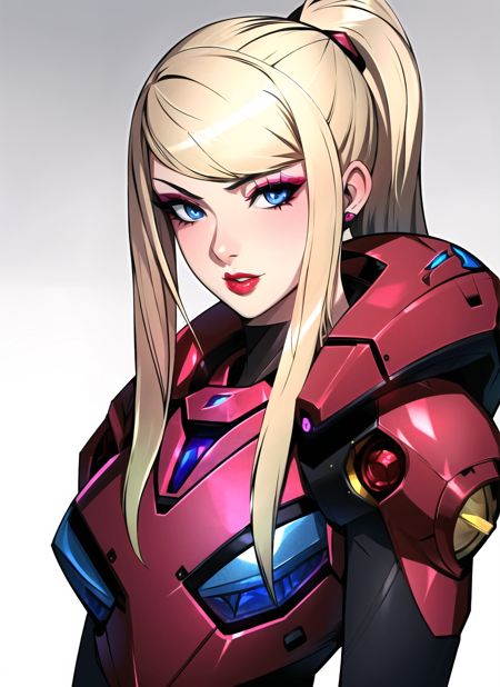 zeronis, 1girl, blonde hair, blue eyes, highres, lips, lipstick, long hair, makeup, metroid, nintendo, nose, portrait, robot, samus aran, solo, varia suit,, ((masterpiece))  <lora:zeronis_offset:1>