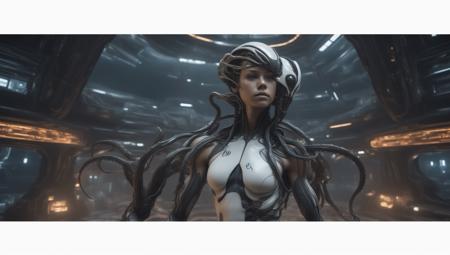 stunning view of a strong 13 year preteen tomboys xenomorph with tentacles and white scales for skin , wearing cloth bandage wraps  electronically-lit in the fashion Eve online  Warframe  Total Recall  Minority report 
Contact,   looking  over a star-ship or space ship hanger
 strong muscular  (muscle striations bodybuilder) body showing off her visible (super-flat toned defined chiseled ripped abs),  hair tattoos multicolored dyed shaved sides hairstyles, ((glowy multicolored burning eyes)) magical,
fire in the sky.  hair tattoos, inside of futuristic split level, white, space age space station orbiting a gas giant with many moons in an oval room relaxing kissing and large rounded windows /
IMAGINE THE WHOLE SCENE AS IF 1000 YEARS IN THE FUTURE doing something interesting
 ,4k, photorealism,
