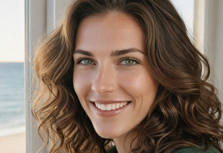 A meticulously detailed, hyper-realistic studio portrait of a 35 years old woman with sun-kissed skin and bright green eyes. She has a slim, oval, delicately contoured face with high cheekbones, a narrow jawline, and a subtle V-shaped chin. Her wavy, short-length light brown hair is casually tousled, framing her naturally beautiful face. Her skin has realistic texture: visible pores, soft natural wrinkles, gentle laugh lines, and minor imperfections that enhance authenticity. She wears a warm, genuine smile with slightly imperfect teeth. She seats in a living room, watching the sunset, and ocean,through an elegant beautiful Huge window, captured with an 85mm lens at f/4, with natural color grading and an unedited RAW film look — inspired by Kodak Portra 400. No makeup retouching, no plastic effect, no artificial smoothing.street photography , photography , editorial photo, realistic , natural light, highly detailed