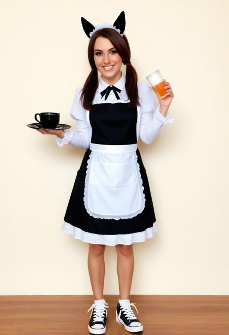 amonitto artist style, umamusume, smart_falcon_\(umamusume\), highres, 1girl, alternate_costume, animal_ears, apron, black_dress, blush, brown_eyes, brown_hair, collared_dress, cup, dress, enmaided, full_body, grin, high_tops, holding, holding_tray, horse_ears, horse_girl, horse_tail, long_sleeves, anime screencap,looking_at_viewer, maid, maid_apron, maid_headdress, petticoat, saucer, shoes, skirt_hold, smile, sneakers, solo, tail, tea_set, Atai,teacup, teapot, tray, twintails, white_shoes