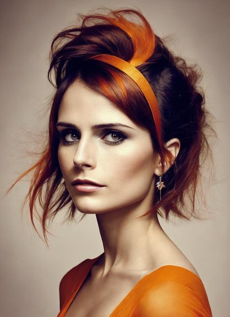 portrait of sks woman by Flora Borsi, style by Flora Borsi, bold, bright colours, orange Mohawk haircut, ((Flora Borsi)), <lora:locon_jordana_v1_from_v1_64_32:1.3>