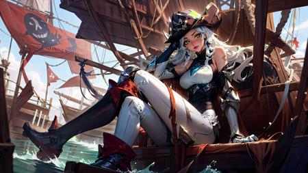 masterpiece, best quality, lolsplashart, ruined miss fortune, 1girl, solo, long hair, breasts, looking at viewer, large breasts, gloves, hat, bare shoulders, sitting, green eyes, weapon, white hair, boots, pants, armor, bodysuit, glowing, glowing eyes, watercraft, ship, pirate hat <lora:lolsplashart-lora:1>