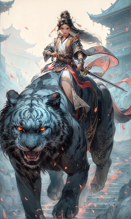 masterpiece, best quality, 8k, insane details, intricate details, hyperdetailed, hyper quality, high detail, ultra detailed, Masterpiece,
1girl, solo,East Asian architectureHanfuSword in hand
<lora:Riding a giant tiger_20230822144927:0.7>