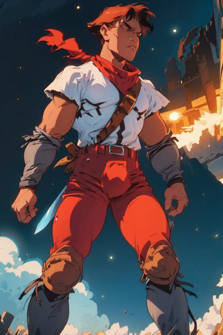 ((best quality)), ((masterpiece)), (detailed),(high-resolution:1.2),
1man, Lanfeust, ((hair in the air:1.3)), red pant, holding a sword, clenched hand,  brilliant light emanates from his very being, illuminating the darkness.  epic moment, where a hero harnesses the forces of the universe, becoming a beacon of awe-inspiring power and indomitable spirit,