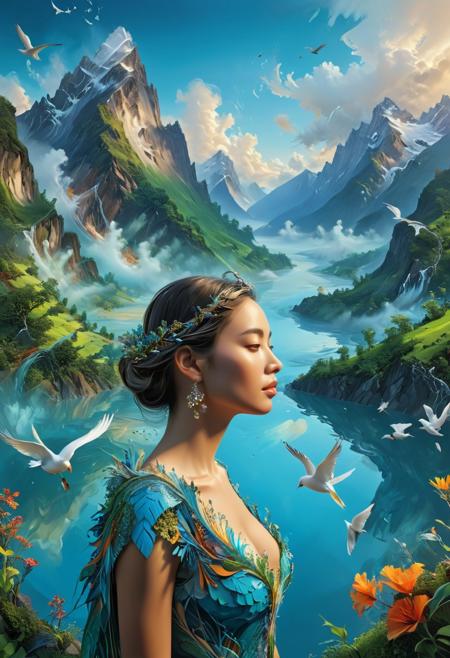 A 3D abstract artwork depicts a stunning landscape intricately blended onto the visage of a woman, while a bird perches gracefully on her shoulder. The landscape is replete with mountains, trees, and a tranquil body of water, framed by a cloud-filled sky. The overall composition exudes a dreamy, abstract ambiance, seamlessly merging reality and imagination.