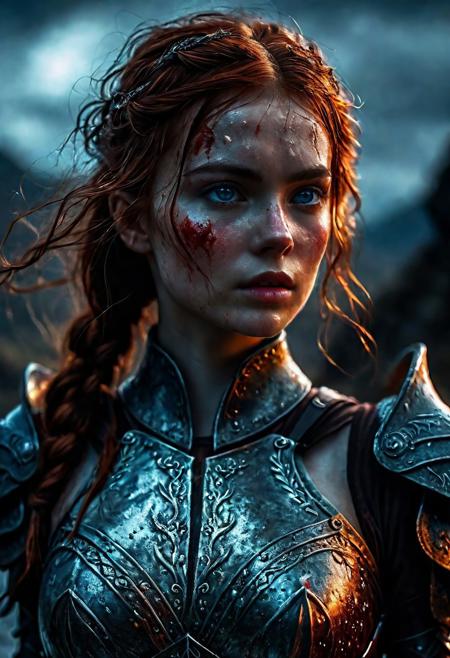 Ultra detailed digital art masterpiece Warrior girl dressed in a iron Armor and winter coat, Standing on a bloody and stormy battlefield, standing in combat pose, dark fantasy medieval Town, perfect lighting, beautiful Sadie Sink as Warrior girl, attractive woman, elegant, sinewy athletic body, unreal engine 5 nanite quality, mixed with dark elements, dark environment, very cold winter night, clean dark velour witch clothing, LOTR style, dark washed out eyeliner, no make up, natural bloody face, realistic blue eyes, ultra detailed atmospheric details, beautiful glowing effects, sparkle effects, realistic body proportions, beautiful face proportions, complex masterpiece, wavy red hair, creative glowing detailed tattoos, complex physics, enhanced colors, complimentary colors, ultra detailed raytracing reflections, Ultra detailed complex background, environment feels alive, direct eye contact, dramatic lighting, wet and sweaty skin, beautiful firm Breasts, Concept art portrait by Greg Rutkowski