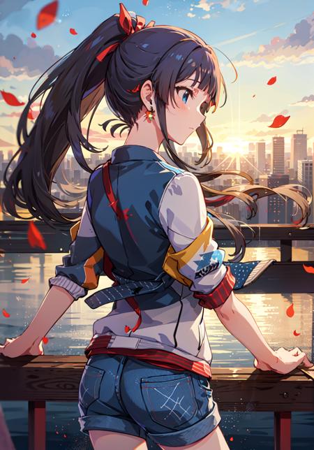 shizuka mogami (million live),
(best quality, 8K, masterpiece, ultra detailed:1.2),sparkle,light particles,blurry,lens flare,detailed backgorund,(wide shot, depth of field),
gradient sky, sunset, beautiful clouds, sunbeam, cityscape, skyline, floating petals, twilight, ray light, wind, islands and boats in distance,
1girl,solo,collarbone,black hair, long hair, blue eyes, blunt bangs, sidelocks, high ponytail, 
multiclolred print jacket, leather jacket, leather, jewelry, earrings, denim shorts, outdoors, open jacket, from behind, leaning on rail,