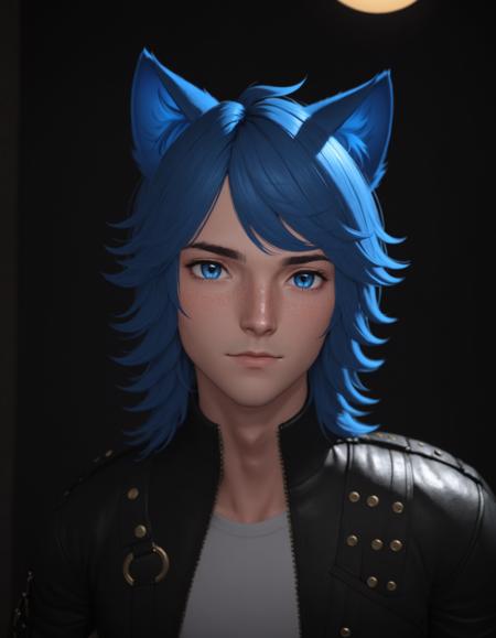 Parker Edwards, solo, looking at viewer, shirt, 1boy, animal ears, blue hair, jacket, male focus, cat ears, black jacket, freckles, realistic, leather, leather jacket, furry, anthro, cat ears, animal ears, close-up, foreshortening , cinematic lighting, cinematic angle, dark, dark background, masterpiece, best quality , <lora:ParkerEdwardsXL:0.5>